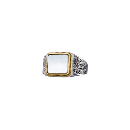 Engraved Ring for Men in 18k Yellow Gold and Silver with Semi Precious Stones