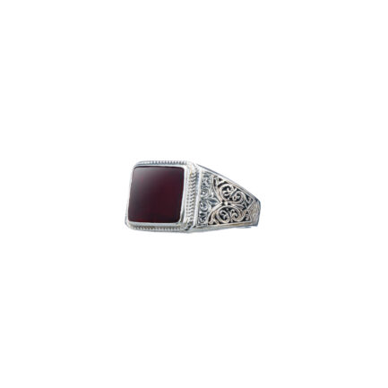 Engraved Silver Ring for Men with Semi Precious Stones