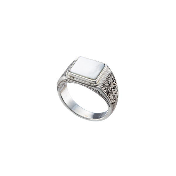 Engraved Silver Ring for Men with Semi Precious Stones