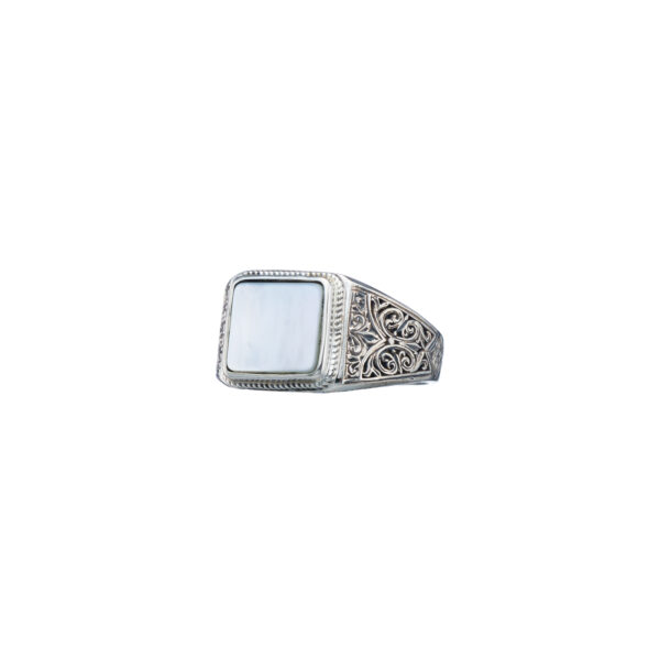 Engraved Silver Ring for Men with Semi Precious Stones