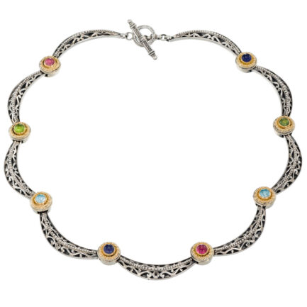 Athenian Flower Necklace in 18k Yellow Gold and Silver with Semi precious stones