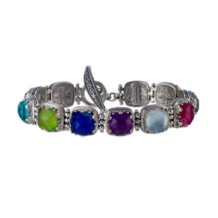 Multi-Colored Stone 10mm Link Bracelet in Sterling Silver 925