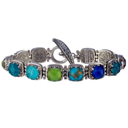 Multi-Colored Stone 8mm Link Bracelet in Sterling Silver 925