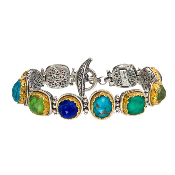 Multi-Colored Stone Link Bracelet in Sterling Silver 925 with Gold Plated parts