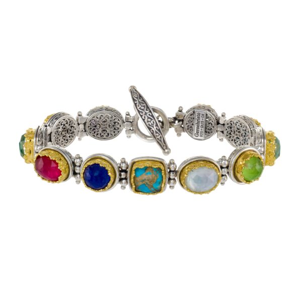 Multi-Colored Stone Link Bracelet in Sterling Silver 925 with Gold Plated parts