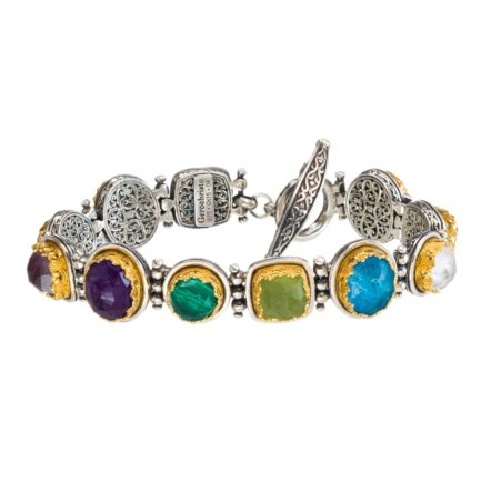 Multi-Colored Stone Link Bracelet in Sterling Silver 925 with Gold Plated parts