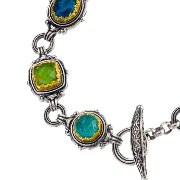 Multi-Colored Stone Link Bracelet in Sterling Silver 925 with Gold Plated parts