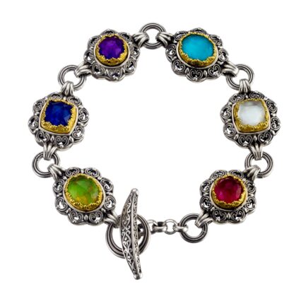 Multi-Colored Stone Link Bracelet in Sterling Silver 925 with Gold Plated parts