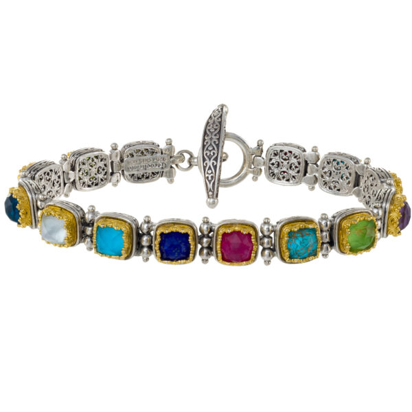 Multi-Colored Stone Link Bracelet in Sterling Silver 925 with Gold Plated parts