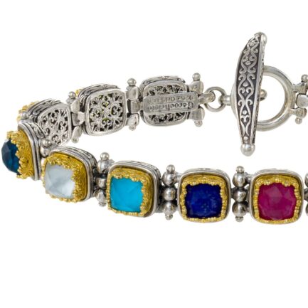 Multi-Colored Stone Link Bracelet in Sterling Silver 925 with Gold Plated parts