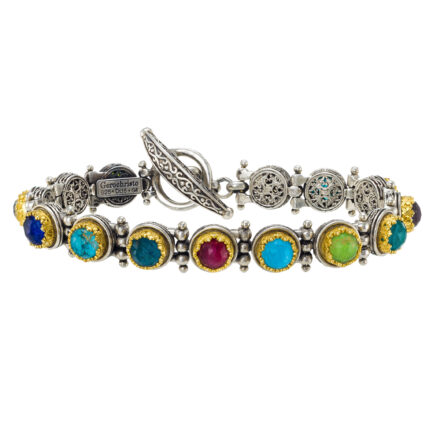 Multi-Colored Stone Link Bracelet in Sterling Silver 925 with Gold Plated parts