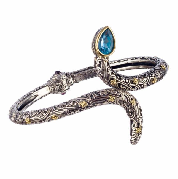 Snake Open Bracelet Flowers in 18k Gold and Silver 6446 blue topaz