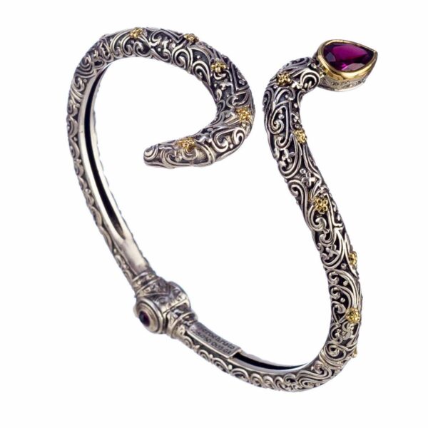 Snake Open Bracelet Flowers in 18k Gold and Silver 6446 rhodolite1