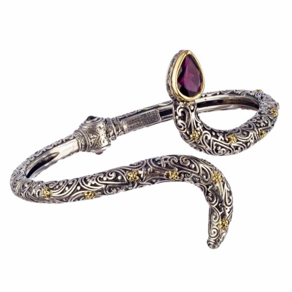 Snake Open Bracelet Flowers in 18k Gold and Silver 6446 rodolite