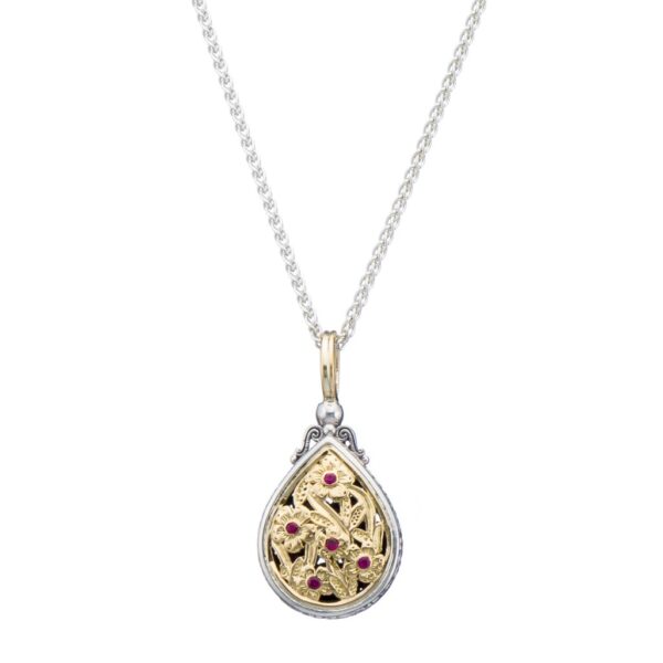 Tear Drop Pendant in 18k Yellow Gold with Rubies and Sterling Silver - Image 3