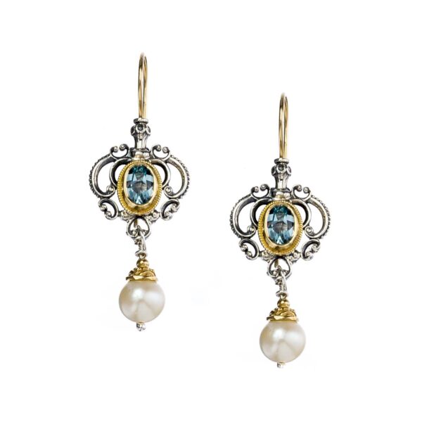 Chandelier long earrings in 18k Gold and Sterling Silver with semi-precious stones